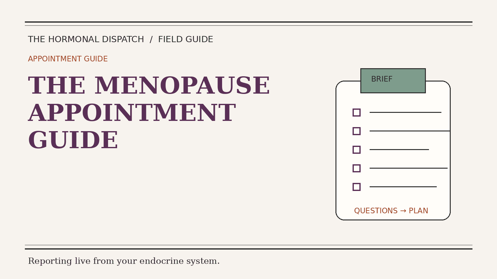 Editorial illustration of an organised menopause appointment brief with notes and questions