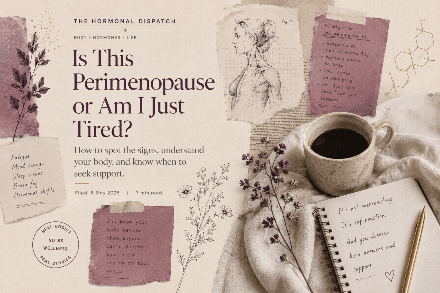 Editorial collage about perimenopause fatigue, brain fog, sleep changes and shifting periods.