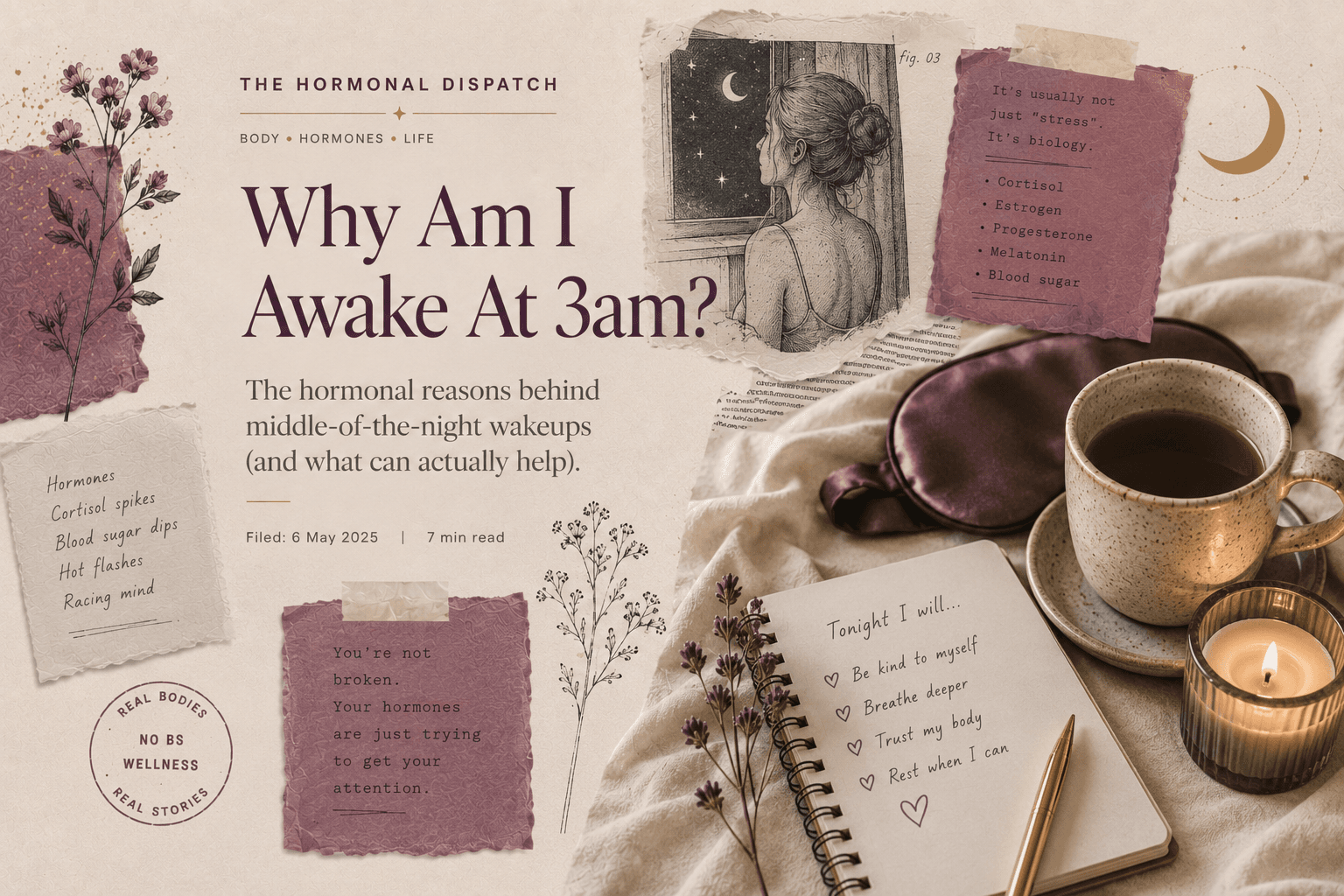 An editorial collage about waking at 3am, featuring a woman awake at night, botanical clippings, an eye mask, tea, handwritten notes, and a crescent moon.